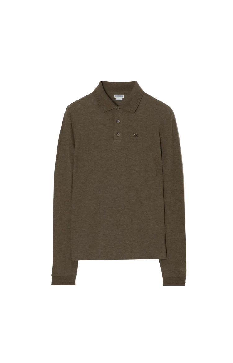 Long-Sleeve Wool Cotton Polo Shirt in Military Green