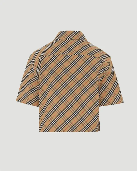 Cropped Check Cotton Shirt in Sand — снимка 3