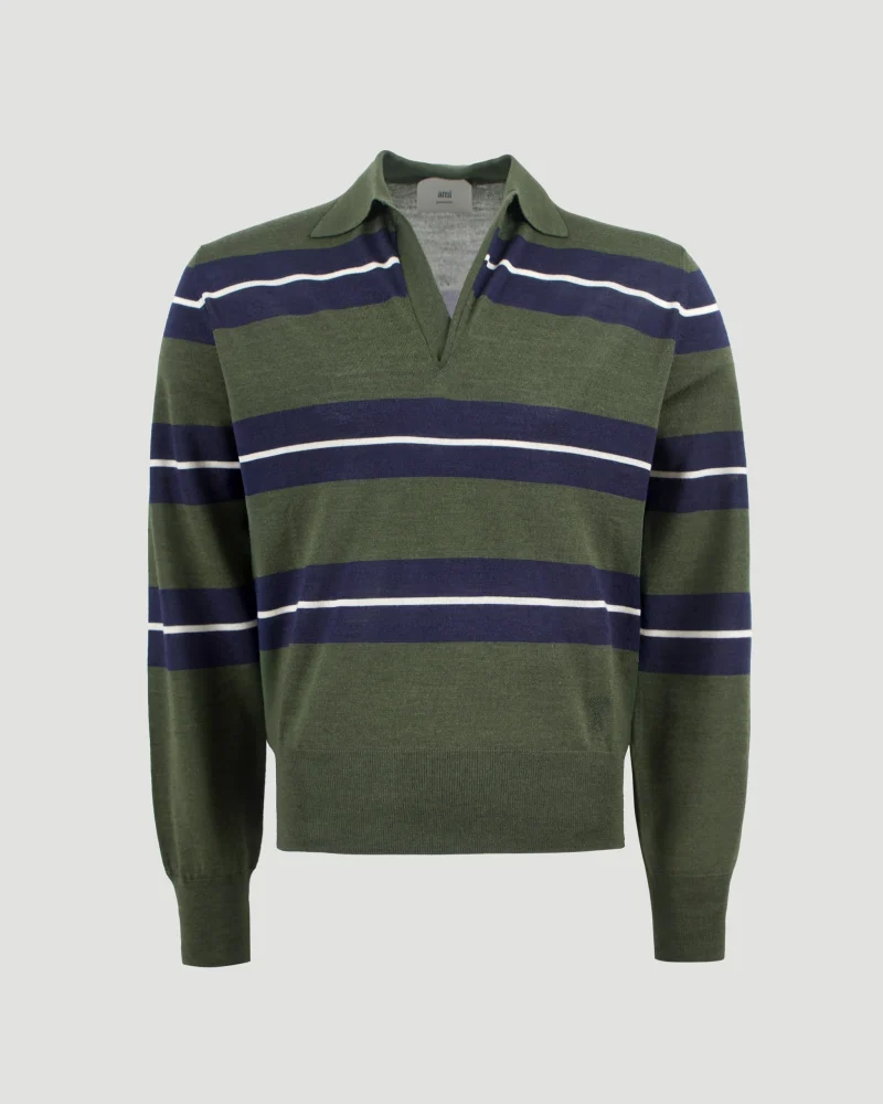 Green Wool Silk Tonal Striped Polo