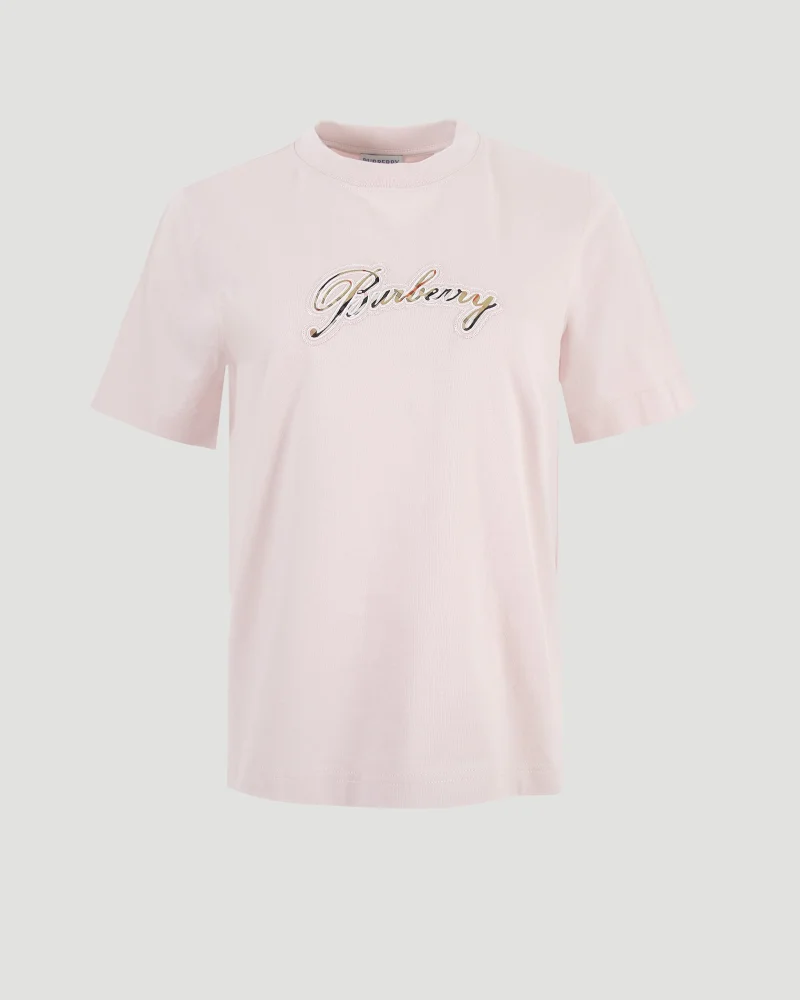Check Cursive Logo Cotton T-Shirt in Pink