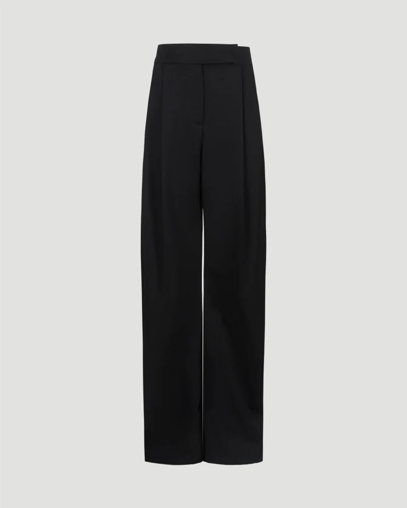 Wide-Leg Black Long Pants in Wool