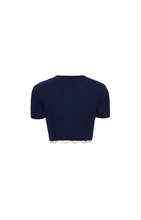 Short-Sleeve Crochet-Trim Cropped Cardigan in Navy — снимка 2