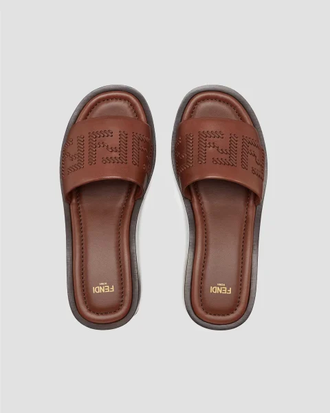 Fendi Sunshine Brown Leather Flatform Slides — снимка 4