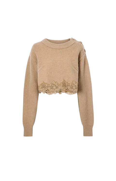Cropped Cashmere Blend Sweater with Lace Trim