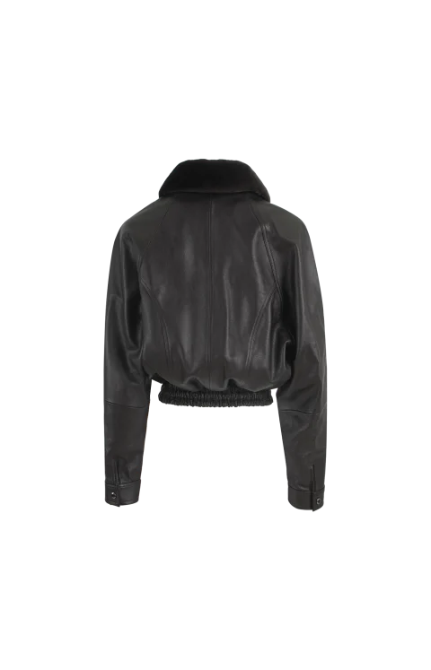 Cropped Leather Jacket with Fur Collar in Dark Brown — снимка 2