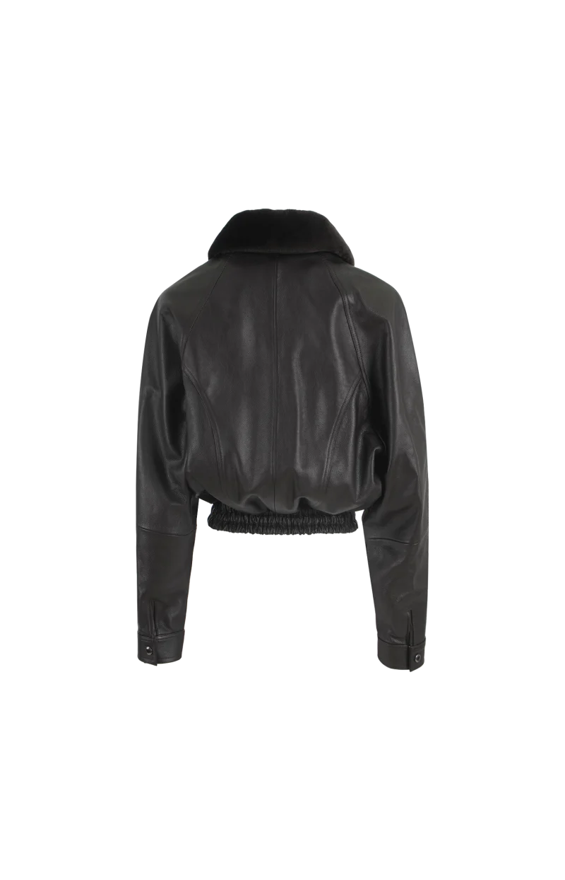 Cropped Leather Jacket with Fur Collar in Dark Brown — снимка 2