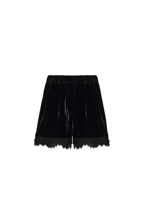 Lace-Trim Velvet Shorts in Black