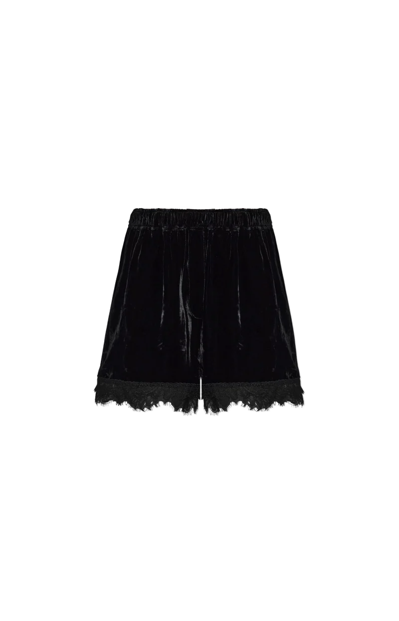 Lace-Trim Velvet Shorts in Black