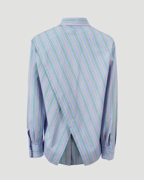 Striped Cotton Shirt with Split Back in Blue — снимка 2