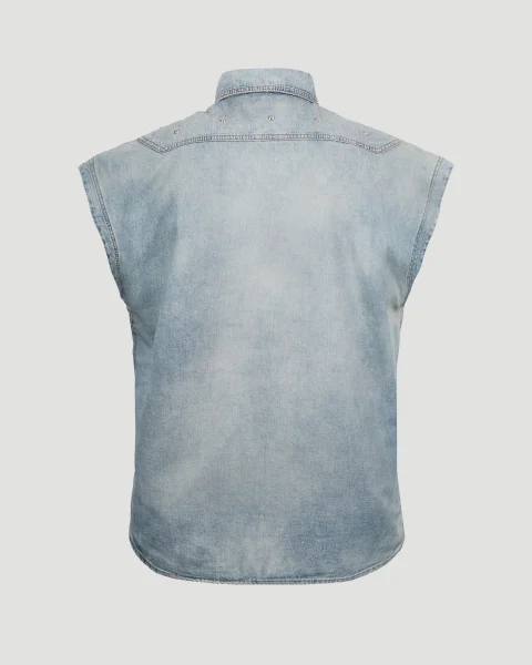 80'S Sleeveless Shirt in Soft Sand Blue Denim — снимка 3