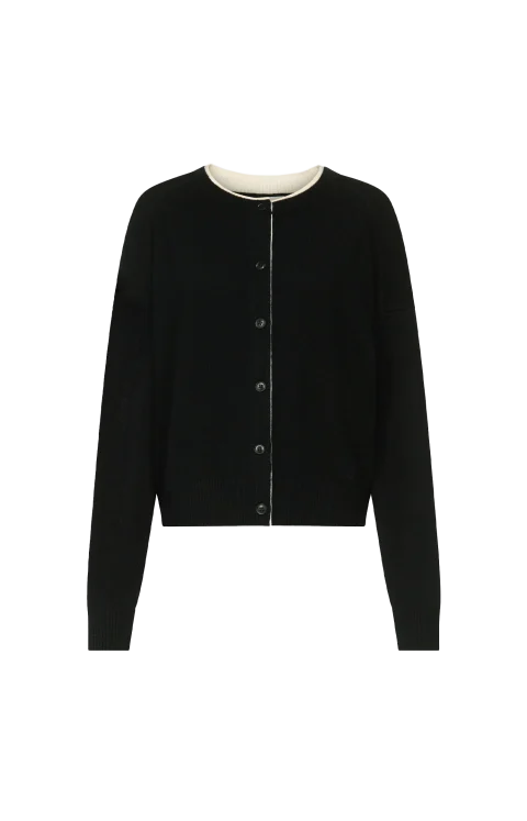 Nicola Bicolor Cashmere Cardigan in Black/Ivory