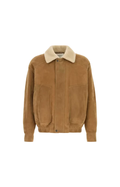 Shearling-Collar Suede Jacket in Beige