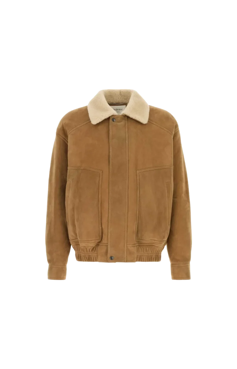 Shearling-Collar Suede Jacket in Beige