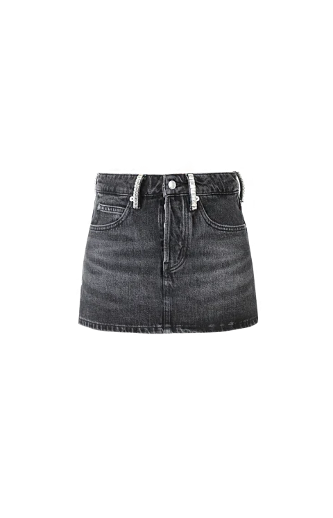 Crystal Hotfix Belt Loop Denim Mini Skort in Grey