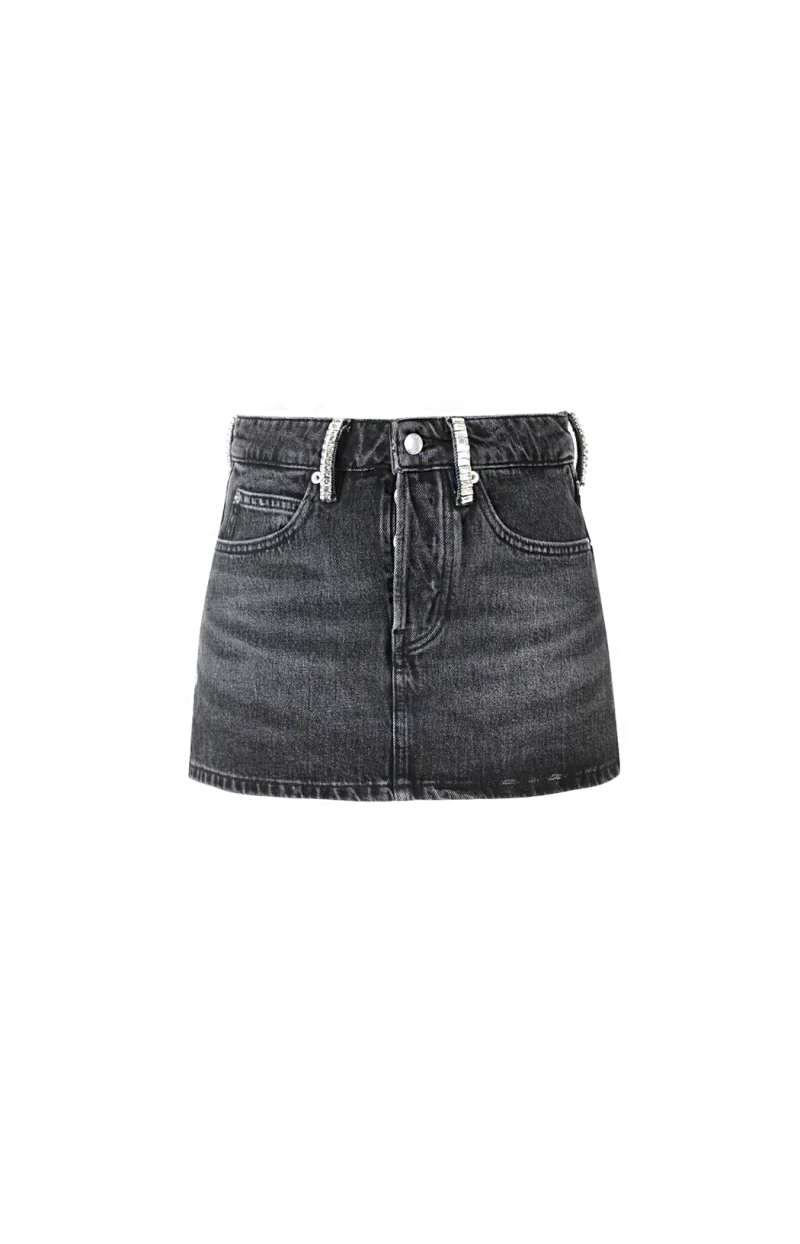Crystal Hotfix Belt Loop Denim Mini Skort in Grey