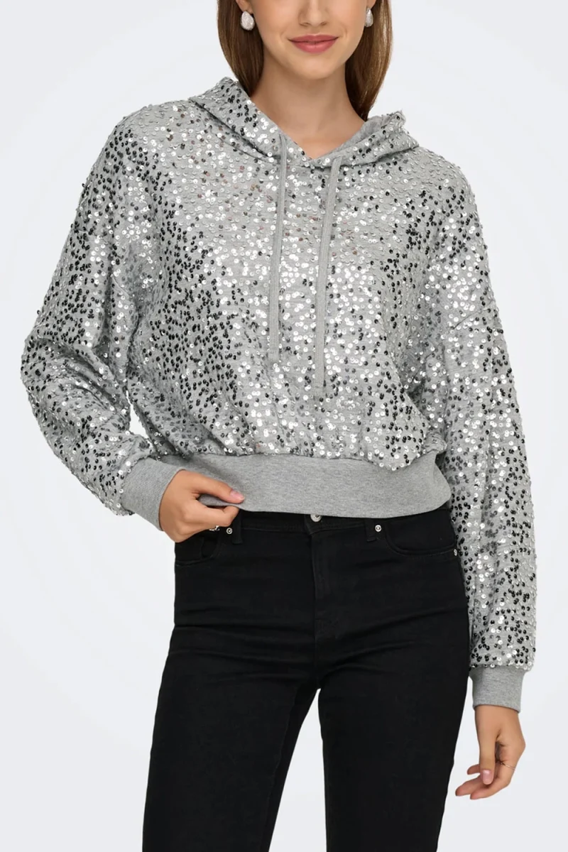 Суичър Onljada L/S Sequins Hood 15358838 BS000086 light grey melange — снимка 2