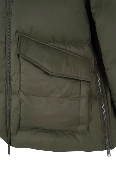 A-Line Down Jacket with Lambskin Shearling Bib Panel in Green — снимка 3
