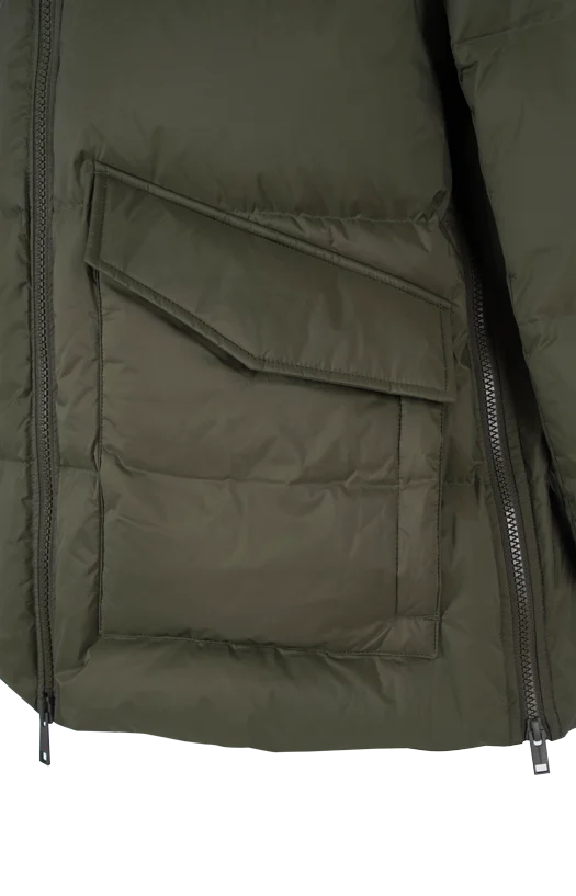 A-Line Down Jacket with Lambskin Shearling Bib Panel in Green — снимка 3