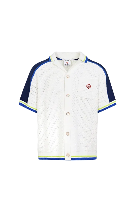 White & Blue Short Sleeve Crochet Shirt