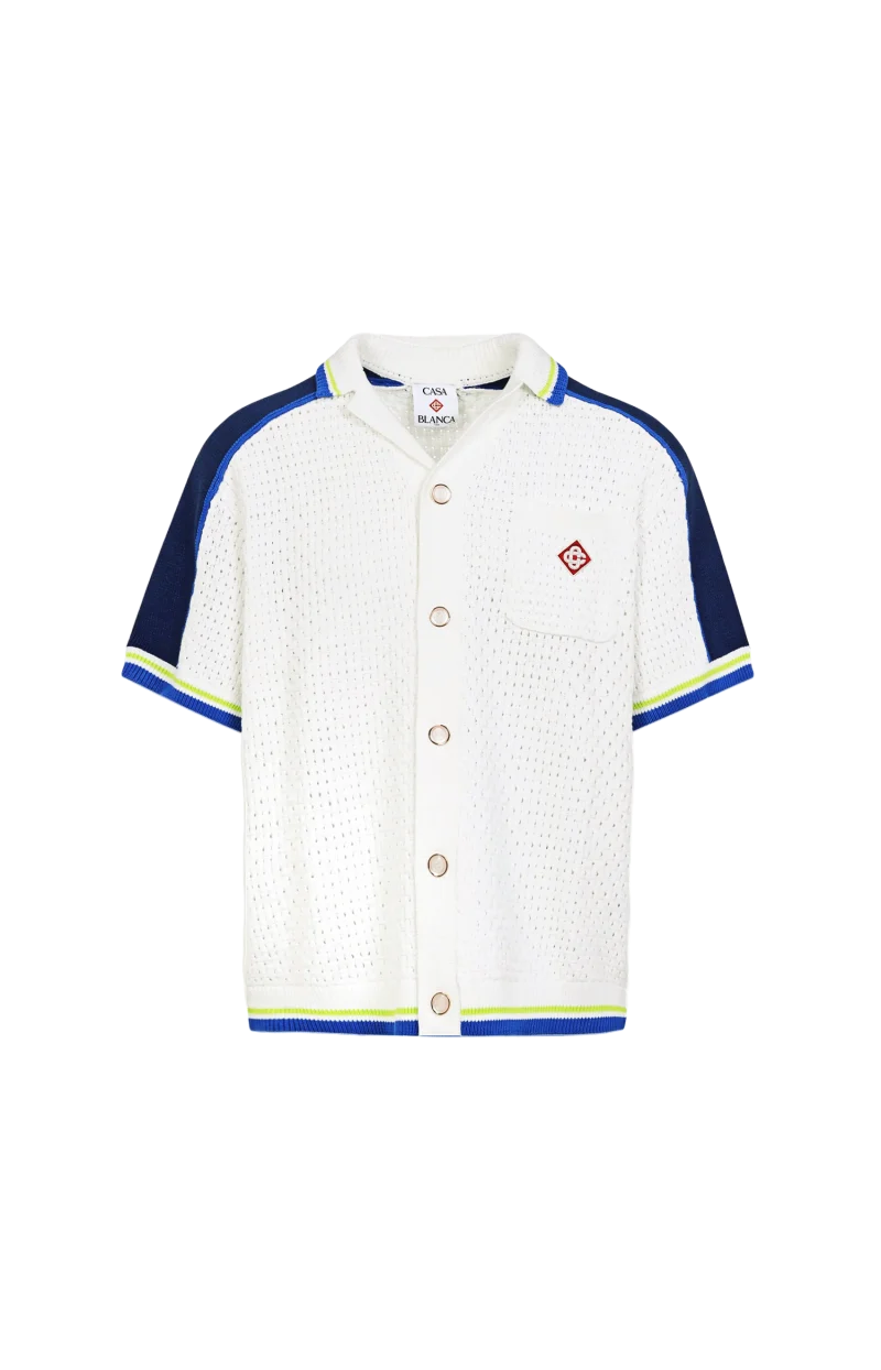 White & Blue Short Sleeve Crochet Shirt
