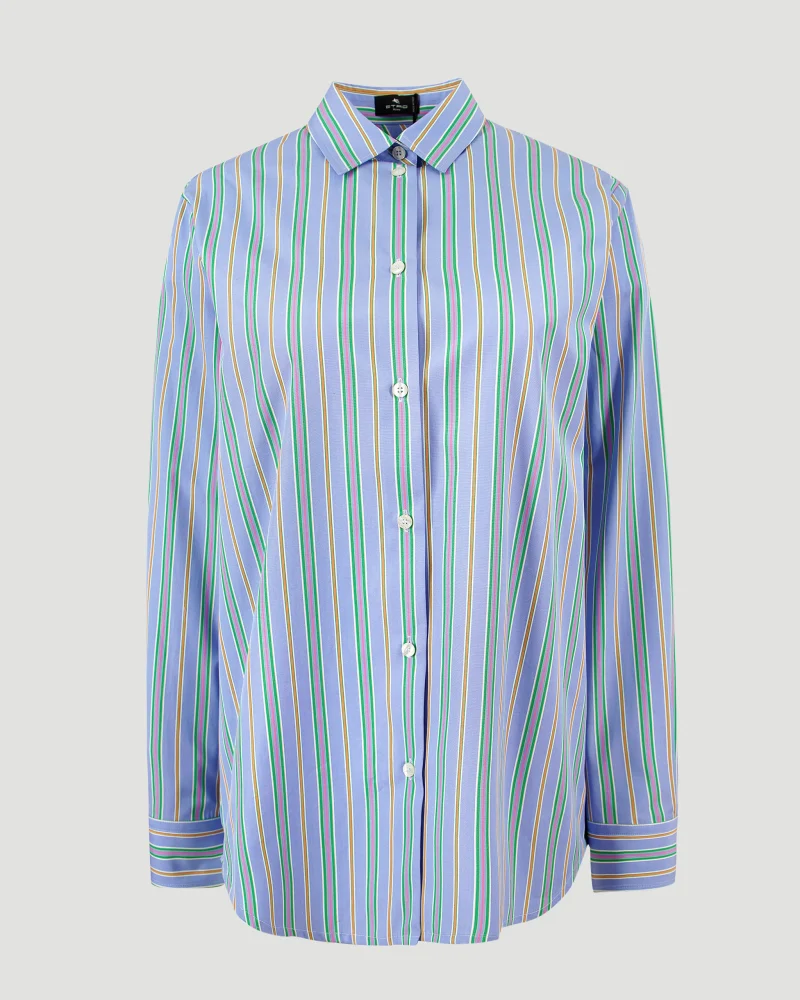 Striped Cotton Shirt with Split Back in Blue