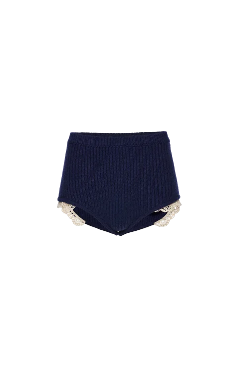 Cashmere Crochet-Trim Shorts in Navy