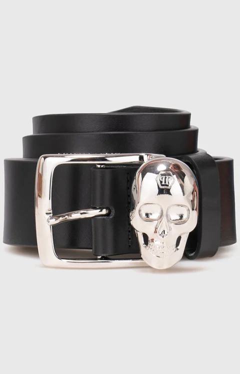 Кожен колан със сребриста катарама SKULL