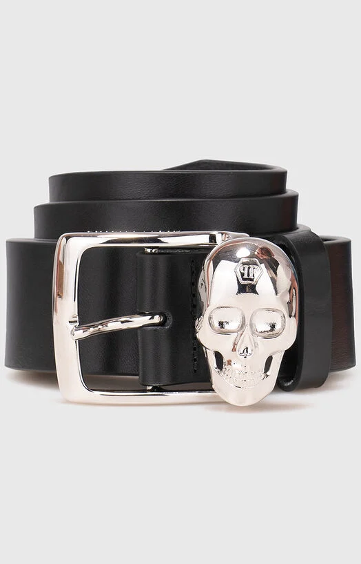 Кожен колан със сребриста катарама SKULL