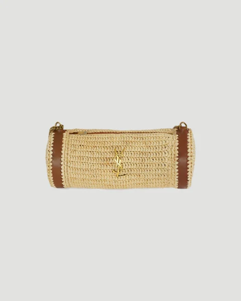 Cassandre Small Cylindric Bag in Raffia and Vegetable-Tanned Leather