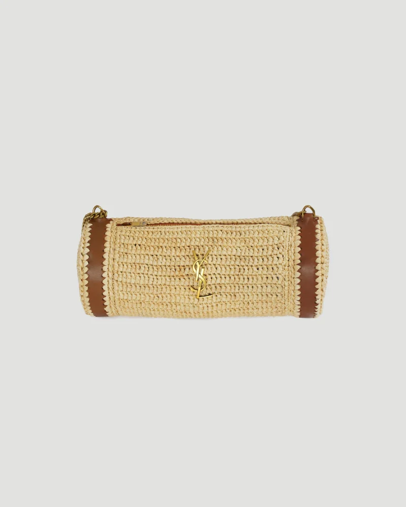 Cassandre Small Cylindric Bag in Raffia and Vegetable-Tanned Leather