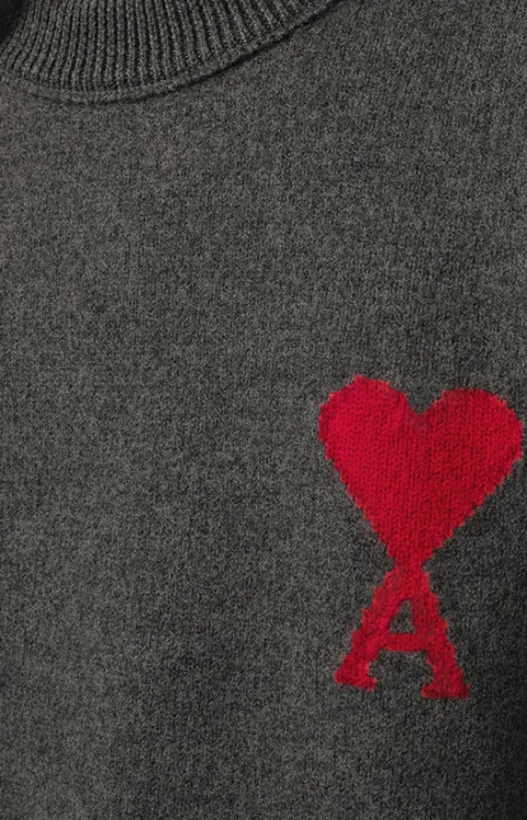 Grey Crewneck Wool Sweater with Ami de Coeur — снимка 2