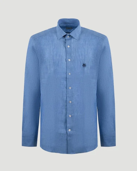 Linen Shirt with Pegaso Embroidery in Light Blue