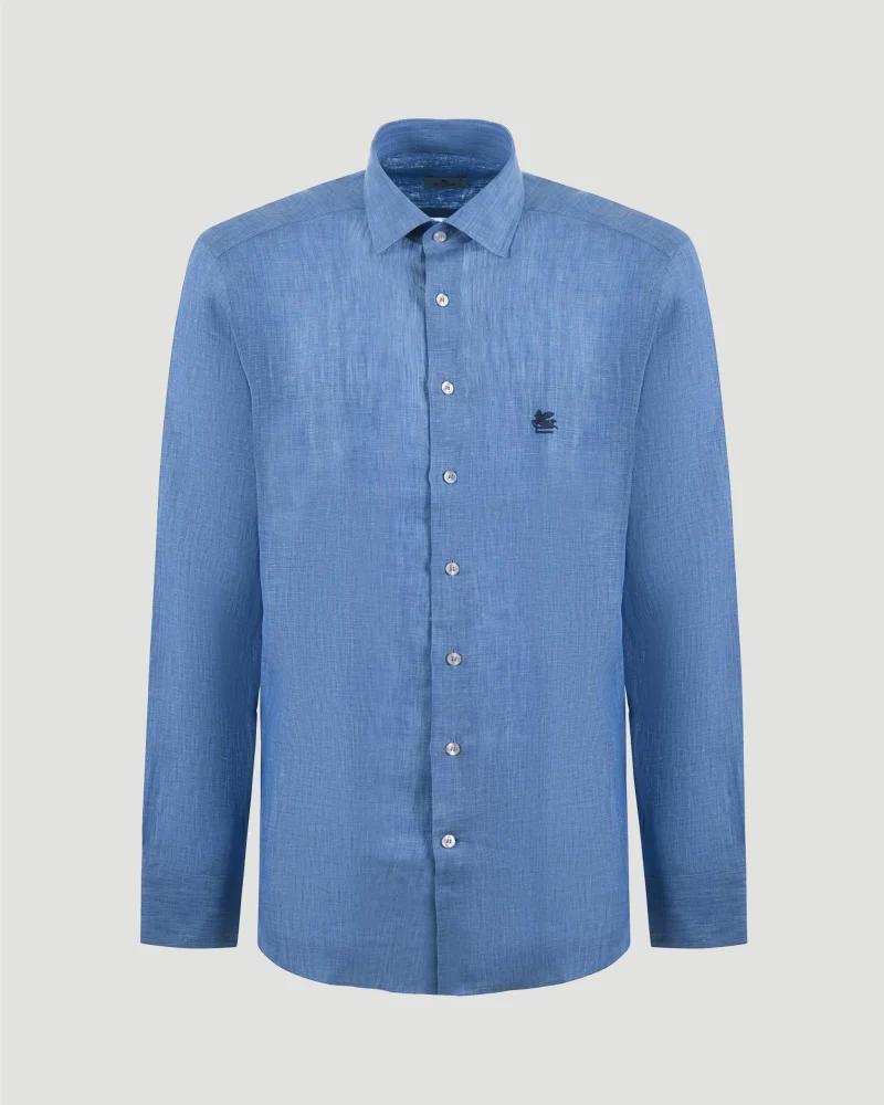 Linen Shirt with Pegaso Embroidery in Light Blue