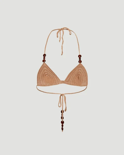 Crochet Triangle Beads Bra in Caramel — снимка 2