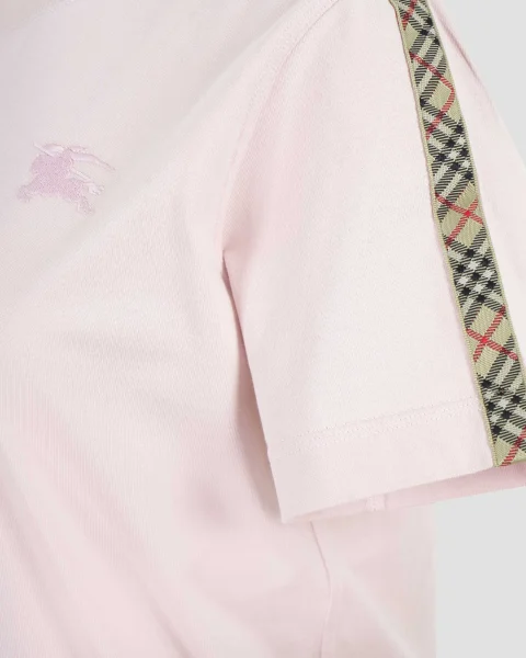Check Trim Cotton T-Shirt in Pink — снимка 3