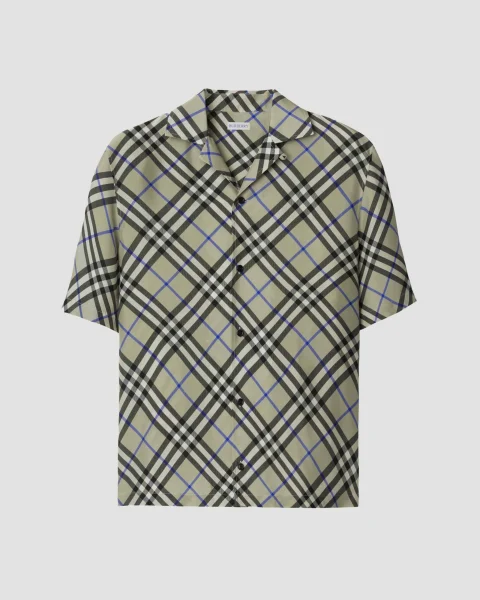 Oversized Check Silk Shirt in Lichen