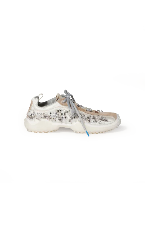 Bubble Embroidered Technical Fabric and Suede Sneakers in Ivory