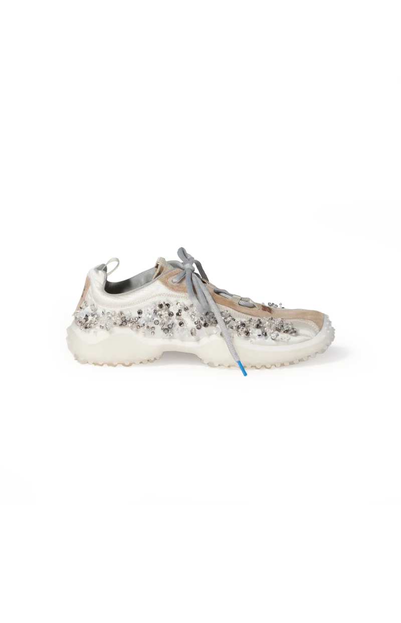 Bubble Embroidered Technical Fabric and Suede Sneakers in Ivory