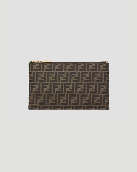 Medium Flat Baguette Pouch in Brown FF Jacquard