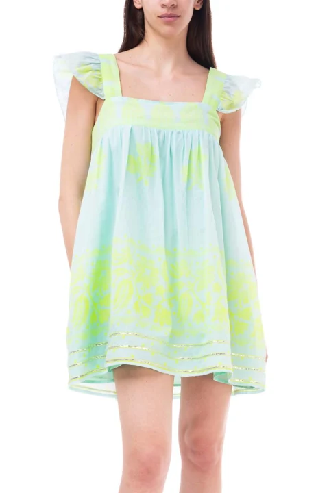 Рокля Baby Doll Dress W/Dhaka Print & Silver Trim L JD6137-AQA/NEN YLW aqua/neon yellow
