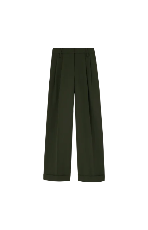 Single Wool Twill Oversized Pleated Pants in Kombu Green
