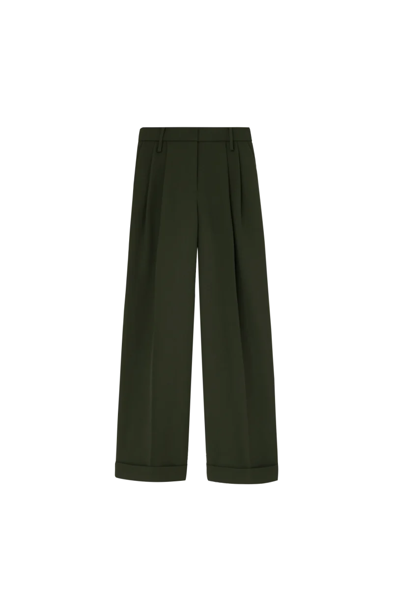 Single Wool Twill Oversized Pleated Pants in Kombu Green