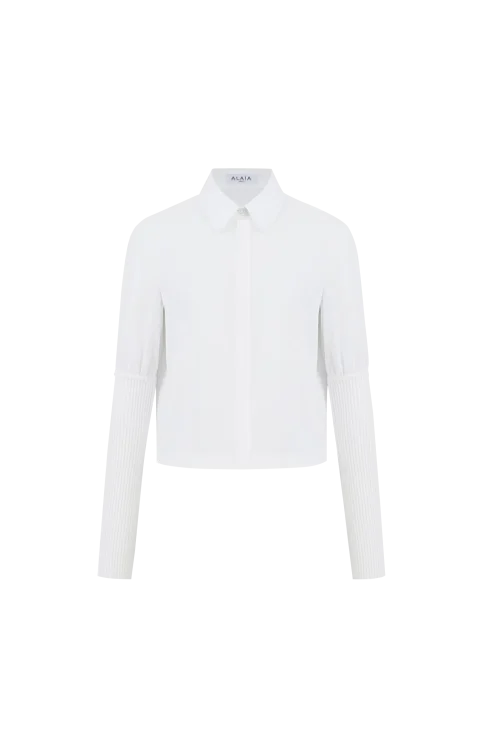 Cotton Poplin Shirt with Ribbed Sleeved