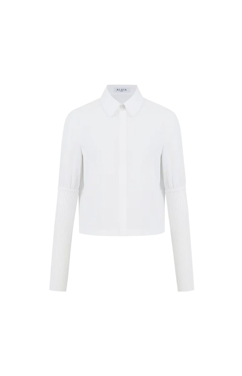 Cotton Poplin Shirt with Ribbed Sleeved