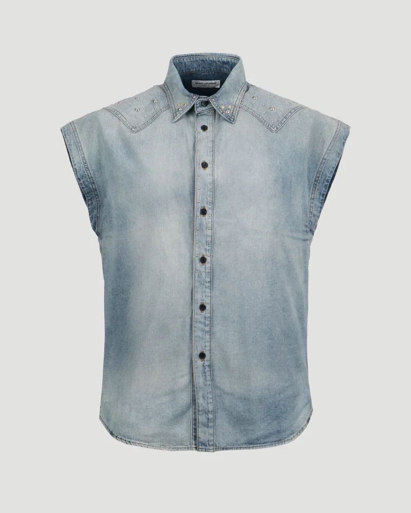 80'S Sleeveless Shirt in Soft Sand Blue Denim