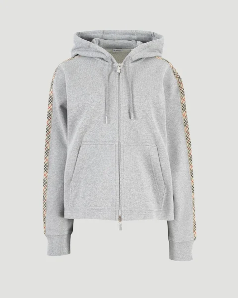 Check Trim Cotton Zip Hoodie in Grey