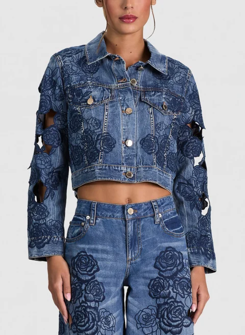 Яке от деним с флорална бродерия 'Chloe laser-cut' Alice + Olivia — снимка 4