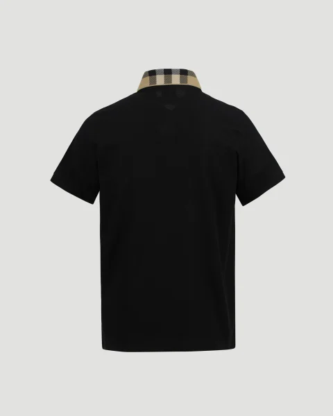 Check Collar Cotton Polo Shirt in Black — снимка 2