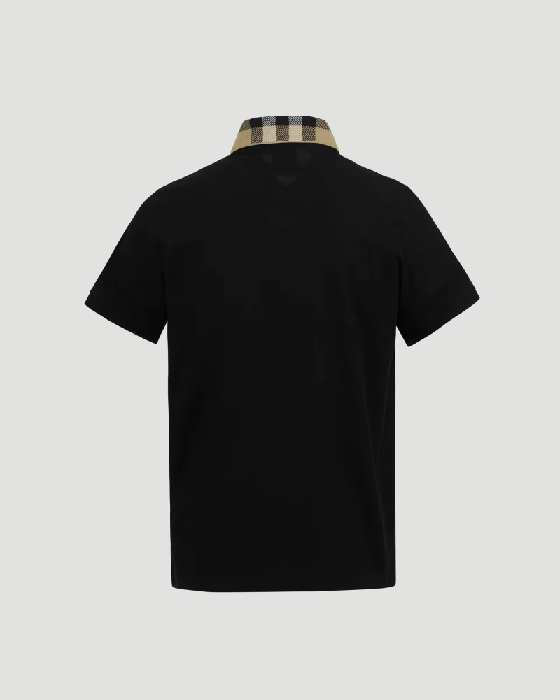 Check Collar Cotton Polo Shirt in Black — снимка 2