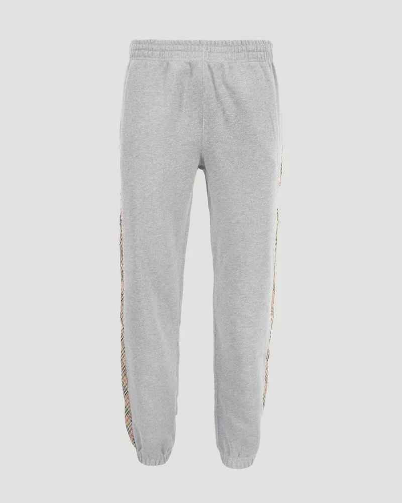Check Trim Cotton Jogging Pants in Pale Grey Melange